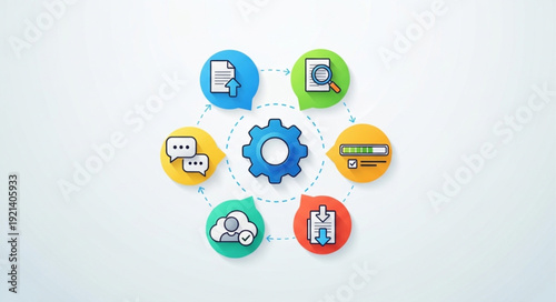 Business process automation icons connected by a central gear.