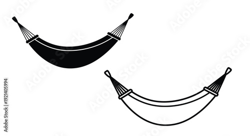 Black and white illustration of two hammocks in different orientations