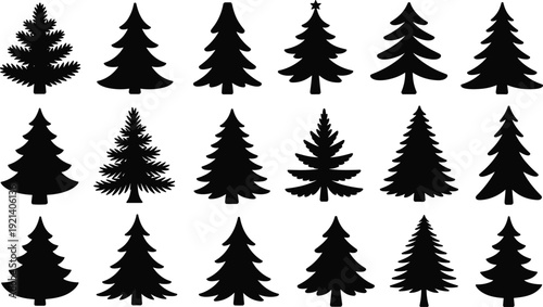 Set of evergreen pine tree silhouettes bundle, decorative Christmas fir forest collection, isolated black winter nature icons for design, flat vector illustration