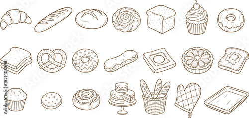Bakery food illustration with various bread and desserts on white background