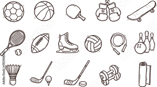 Sports equipment icons set including soccer ball, basketball, tennis racket, boxing gloves, skateboard, football, ice skate, volleyball, badminton, golf, hockey, dumbbell, yoga mat on clean white