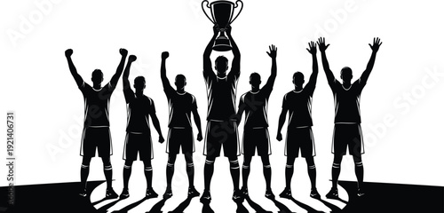 Silhouette of sports team celebrating with trophy celebration black and white