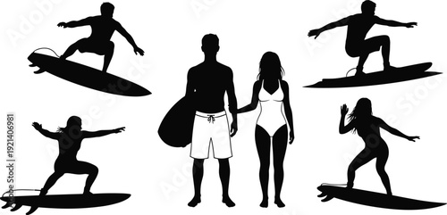Surfing silhouettes collection, surfers riding waves, man holding surfboard, woman in swimsuit, beach lifestyle, ocean sport, dynamic poses, summer activity