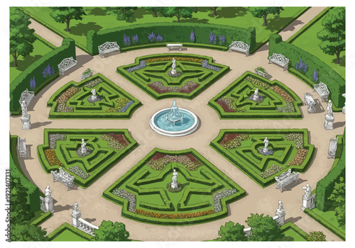 Elegant Formal Garden Design With Geometric Flower Beds And Central Fountain Displaying Classical Horticulture icons interior design architecture
