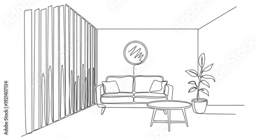Interior design sketch of a modern living room with sofa and plant.