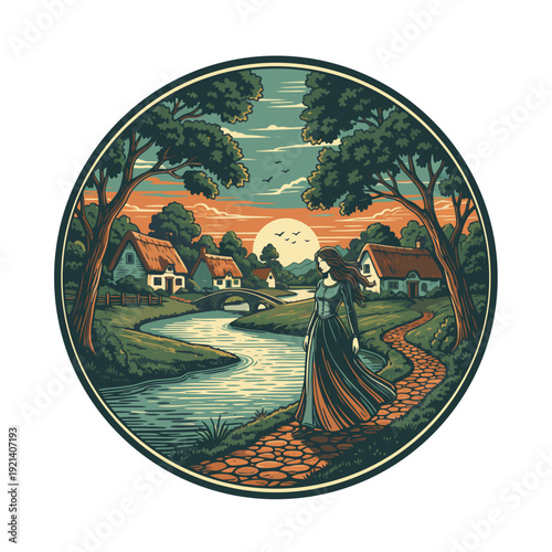 A vintage style illustration depicts a woman gazing towards a quaint village at sunset high quality