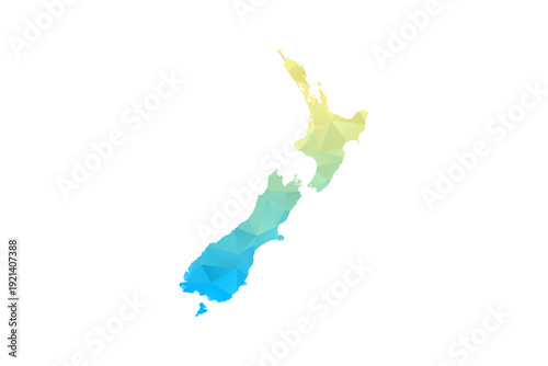 New Zealand Map - Polygon Style Vector Illustration in Blue and Yellow Gradient, Low Poly Geometric Design, Isolated on White Background for Infographics and Projects.