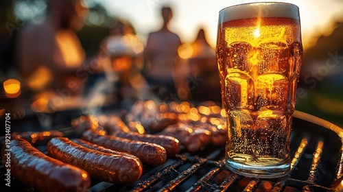 Glowing pint of beer on a backyard grill beside sizzling sausages at sunset with blurred friends in the background, warm convivial summer atmosphere