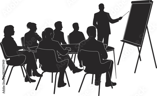 Business meeting silhouette with presenter at flip chart, corporate training teamwork illustration, professional communication seminar, educational presentation vector design concept