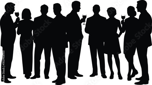 Business networking event silhouette, corporate people holding wine glasses, social gathering conversation, isolated on white background vector illustration