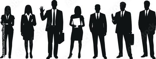 Business professionals silhouette illustration with diverse team, corporate group vector, workplace collaboration concept, office attire design, teamwork communication artwork