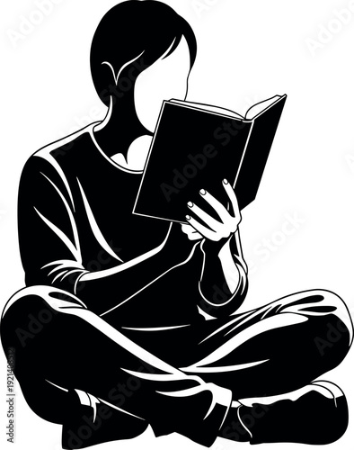 Black and white vector illustration of a person sitting cross legged on the floor reading a book in minimalist silhouette style
