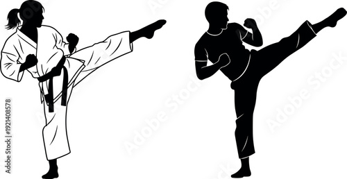 Black and white silhouettes of a female karate black belt and male martial artist performing a powerful side roundhouse kick