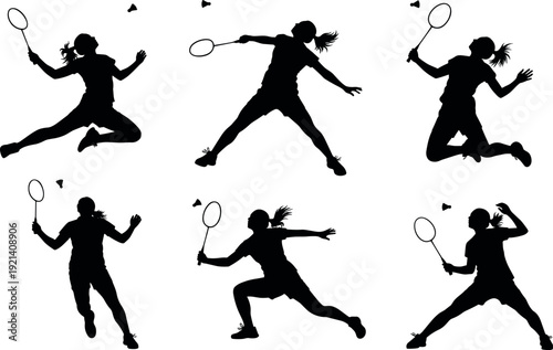 Dynamic female badminton player silhouettes set featuring athletic women jumping lunging and hitting shuttlecock for sports competition and fitness designs