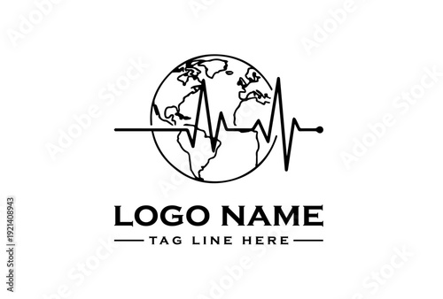 Black line logo of a globe with an ECG heartbeat line across it, with space for a logo name and tagline on a white background.