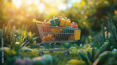 metal shopping cart filled with colorful wrapped gift boxes on lush grass surrounded by plants in warm golden sunlight, joyful whimsical mood