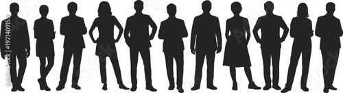 Business team silhouette lineup, corporate men and women standing together, professional group isolated on white background vector illustration