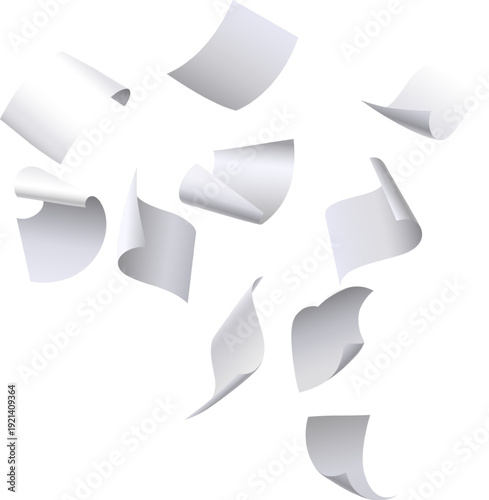 White papers flying and falling across white background