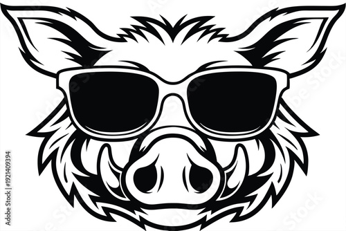 Black and white boar head sporting cool sunglasses displays stylish toughness in line art
