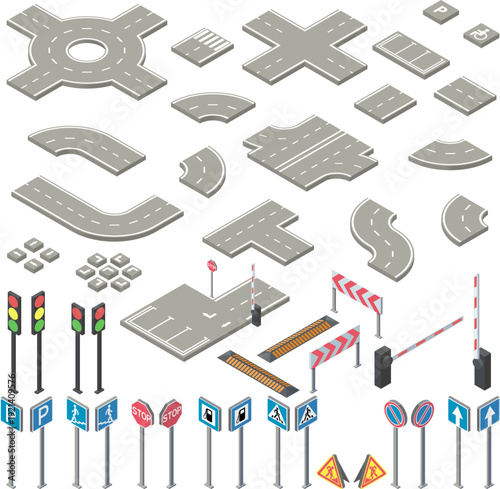 Isometric road elements junctions traffic lights signs and barriers