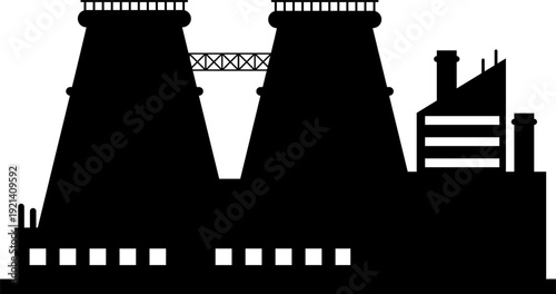 Industrial factory producing energy and pollution silhouette