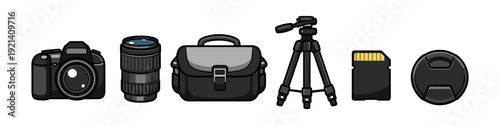 Collection of professional photography equipment including camera, lens, bag, tripod, and memory card