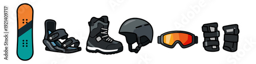 Snowboarding gear collection including snowboard, boots, helmet, goggles, and pads