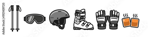 Collection of winter sports equipment and accessories for skiing and snowboarding