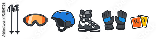 Collection of ski equipment including poles, goggles, helmet, boots, gloves, and ski passes