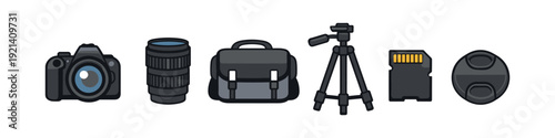 Collection of professional photography equipment and accessories arranged in a line