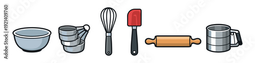 Collection of essential baking tools including a bowl, measuring cups, whisk, spatula, rolling pin, and sifter