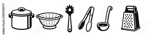 Collection of essential kitchen utensils for cooking and food preparation