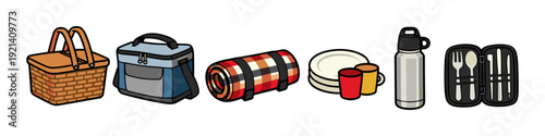 Collection of picnic essentials including basket, cooler, blanket, dishes, and cutlery