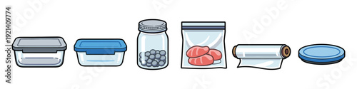 Collection of food storage containers including plastic boxes, glass jar, and plastic wrap