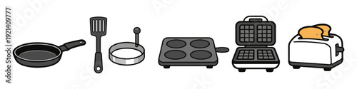 Collection of breakfast cooking appliances and utensils on a white background