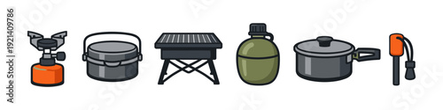 Collection of camping and outdoor cooking equipment icons on a white background