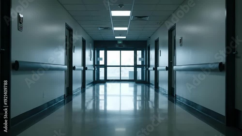 Empty Hospital Corridor Early Morning Automatic Glass Doors Closing Cold Sterile Lighting Polished Floor Long Perspective .