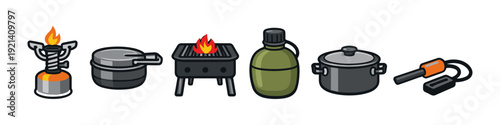 Collection of camping and outdoor cooking equipment, including stove, pots, grill, and canteen