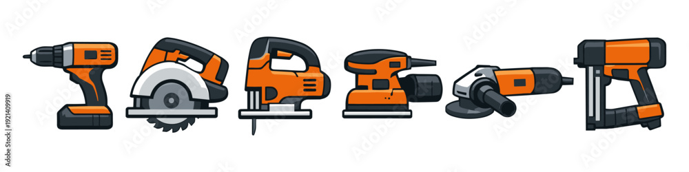 Naklejka premium Collection of modern orange and black power tools for construction and DIY projects