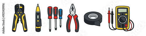 Collection of electrical tools including wire strippers, screwdrivers, pliers, and multimeter