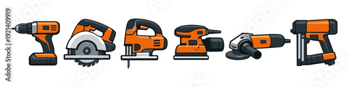 Collection of modern orange and black power tools for construction and DIY projects