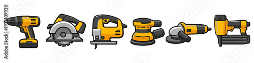 Collection of yellow and black power tools for construction and DIY projects