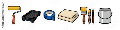 Collection of painting tools including roller, tray, tape, cloths, brushes, and paint can