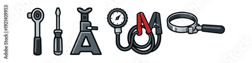 Collection of automotive repair and maintenance tools on a white background