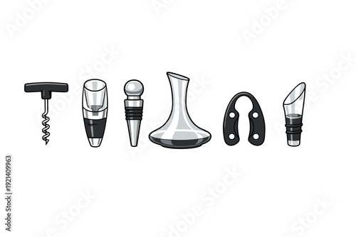 Collection of wine accessories including a corkscrew, aerator, stopper, decanter, and opener