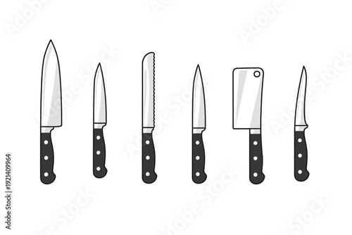 Collection of various kitchen knives arranged in a row on a white background