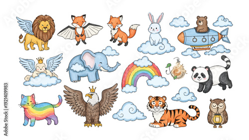 Whimsical Animal Assortment: A delightful collection of charming animal illustrations, including a lion, fox, rabbit, bear, panda, and others, each with unique and imaginative features.