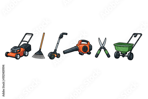 Collection of cartoon garden tools including a lawnmower, rake, blower, and shears