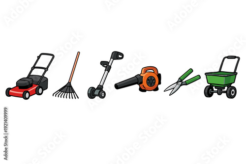 Collection of cartoon garden tools for lawn care and yard maintenance tasks