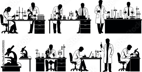 Set of Scientist Silhouettes Working in Laboratory with Microscopes and Glassware for Chemistry Biology and Medical Research Vector Illustration